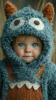 Child in a cozy monster costume with bright blue eyes enjoys outdoors during autumn photo