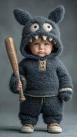Child in cozy monster outfit holds baseball bat, showcasing a playful yet fierce expression in a studio setting photo
