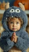 Little child dressed in a monster costume with a playful expression during autumn festivities photo