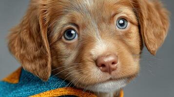 Cute brown puppy with blue eyes wearing colorful sweater posing for close-up portrait indoors photo