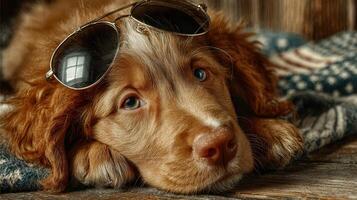 Cute puppy wearing sunglasses relaxing on a cozy blanket in a rustic setting with soft lighting photo