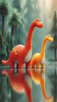 Colorful dinosaurs playing in a serene forest pond during a gentle rain photo