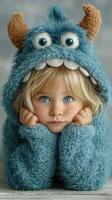 Cute child dressed in fluffy monster costume with big eyes and charming smile indoors during a cozy afternoon photo