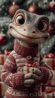 Holiday-themed lizard character holding a gift in a cozy winter setting with decorations in the background photo