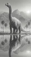 Mystical dinosaur stands tall beside calm water with distant mountains in black and white photo