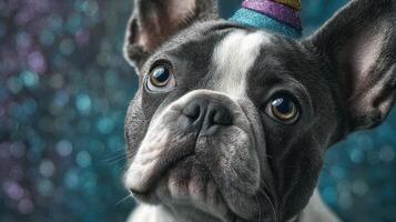 Happy small dog celebrating with a party hat against a colorful sparkling background photo