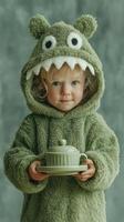 Child dressed in a green monster costume holds a teapot while looking at the camera in a cozy setting photo