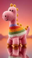 Colorful knitted dinosaur toy standing on reflective surface at sunset photo