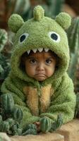 Child in green monster costume expressing sadness while surrounded by cacti outdoors in natural light during daytime photo