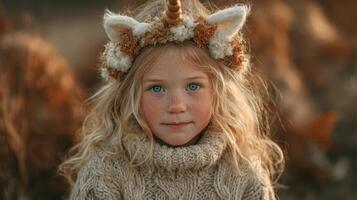 Young child with curly hair and unicorn headband smiles in an autumn landscape during golden hour photo