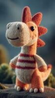 Cute knitted dinosaur toy standing proudly on a rocky surface in a whimsical outdoor setting photo