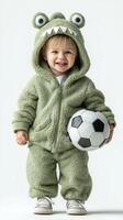 Toddler in green monster outfit happily poses with a soccer ball, showcasing playful spirit and joy indoors photo