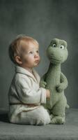Child in white bathrobe sitting with green dinosaur toy, creating a heartwarming scene of innocence and imagination indoors photo