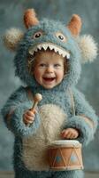 Happy child dressed in a fluffy monster costume playing a drum indoors during a creative photo session