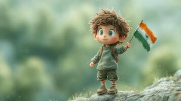 Young child holds Indian flag with pride in a serene natural landscape during the daytime photo
