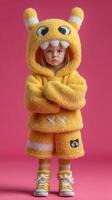 Child dressed in yellow fuzzy outfit posing confidently against a pink backdrop during a playful indoor photoshoot photo