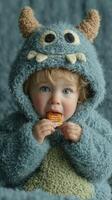 Cute child in a fluffy monster costume enjoying a snack while sitting against a textured background photo