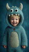 Child dressed in a fluffy monster costume smiling against a blue backdrop in a cozy indoor setting photo
