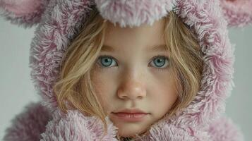Young child in a pink fluffy costume with soft texture, looking directly at the camera with a curious expression indoors photo