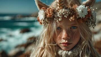 Young girl with unicorn horn and flower crown by the ocean on a sunny day photo