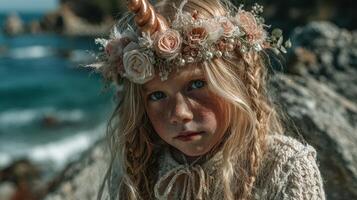 Young girl with unicorn horn and floral crown enjoys a seaside moment at golden hour beside the waves photo