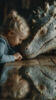 Child shares a quiet moment with a dragon in a cozy room during dusk photo
