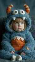 Child dressed in fluffy monster costume sitting on couch with a thoughtful expression in a cozy indoor setting during daytime photo