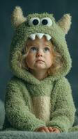 Child in a fuzzy green monster costume gazes upwards with wonder in a softly lit indoor setting photo