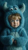 Young child in blue monster costume lying on soft surface with expressive eyes and playful expression during indoor playtime photo