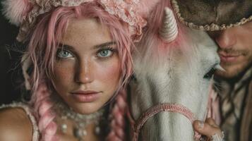 Fantasy portrait of a young woman with pink hair beside a unicorn in an enchanting setting photo