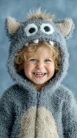 Child dressed as a fuzzy monster smiles joyfully against a blue background during a playful indoor activity photo