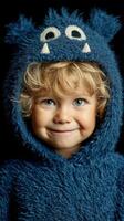 Cute child wearing blue monster hoodie smiles happily with curly hair against a dark background photo