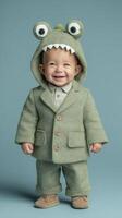 Charming toddler in green monster outfit smiles cheerfully during indoor photoshoot photo