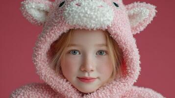 Young girl wearing a cozy pink animal hoodie posing against a soft pink background during a bright indoor setting photo