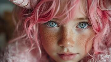 Young child with pink hair and freckled face wearing whimsical horns in a cozy indoor setting during daylight photo
