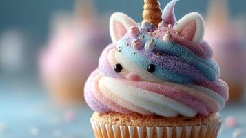 Colorful unicorn cupcake decorated with sprinkles in a bright setting photo