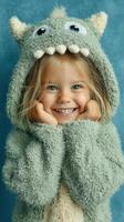 Young girl in a cozy monster costume with playful smile against a blue background photo