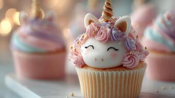 Colorful unicorn cupcakes with pastel frosting and decorative details are displayed on a counter in a cozy bakery setting photo