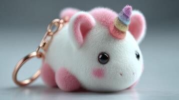 Cute plush unicorn keychain with pastel colors on a neutral background displayed indoors photo