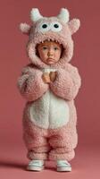 Cute toddler dressed in a fluffy monster costume stands against a pastel background in a playful and adorable pose photo