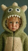 Young child wearing green monster hoodie with furry texture poses for a portrait against a plain background photo