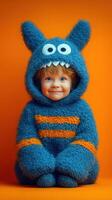 Child smiles playfully in a fluffy blue monster costume against a vibrant orange backdrop during a cozy afternoon indoors photo