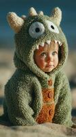 Child in monster hoodie enjoys sunny beach day while sitting on soft sand and looking curiously at surroundings photo