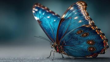 Beautiful blue butterfly resting on a surface with intricate wing patterns in soft lighting photo
