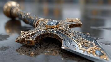 Exquisite ornate sword displayed on a reflective surface with intricate detailing and gemstones glimmering in bright light photo