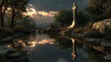 Sunset reflection over a tranquil pond featuring a stone cross surrounded by trees and hills photo