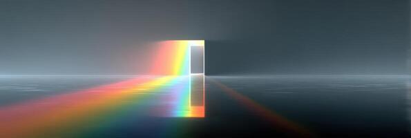 Light bursting through a door creates a colorful rainbow reflection on a glossy surface photo