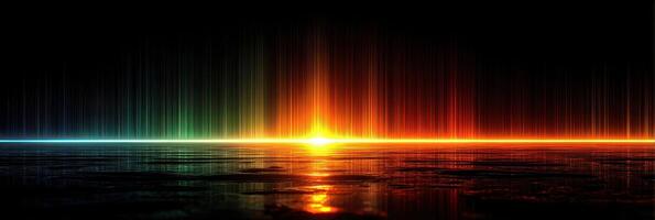 Vibrant sunset reflection over calm water with colorful light streaks illuminating the horizon at twilight photo
