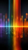 Colorful light beams create an abstract visual experience in a dark setting with a reflective surface photo