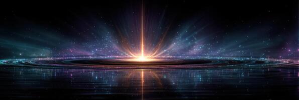 Vibrant cosmic explosion illuminates the night sky with colorful light and a reflective surface photo